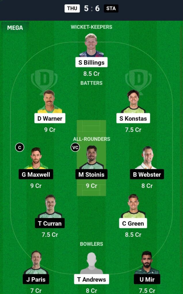 THU VS STA Dream11 Prediction Team 